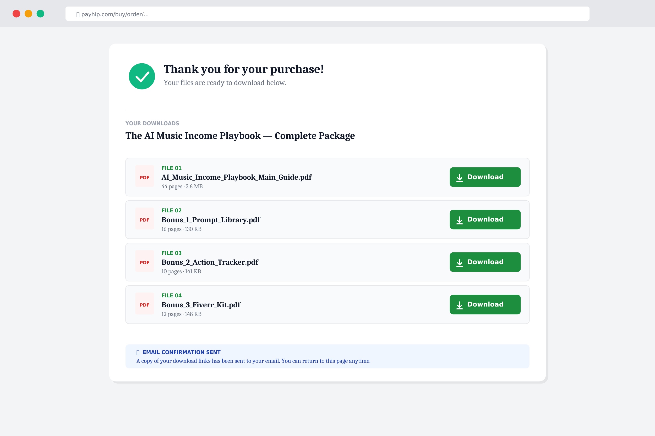 Preview of the PayHip download page showing all 4 PDFs ready