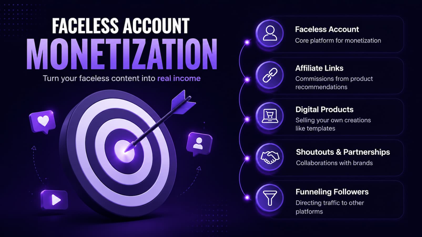 Common monetization methods for faceless social media accounts include affiliate links, digital products, sponsorships, and funneling followers to a newsletter, website, or YouTube channel.