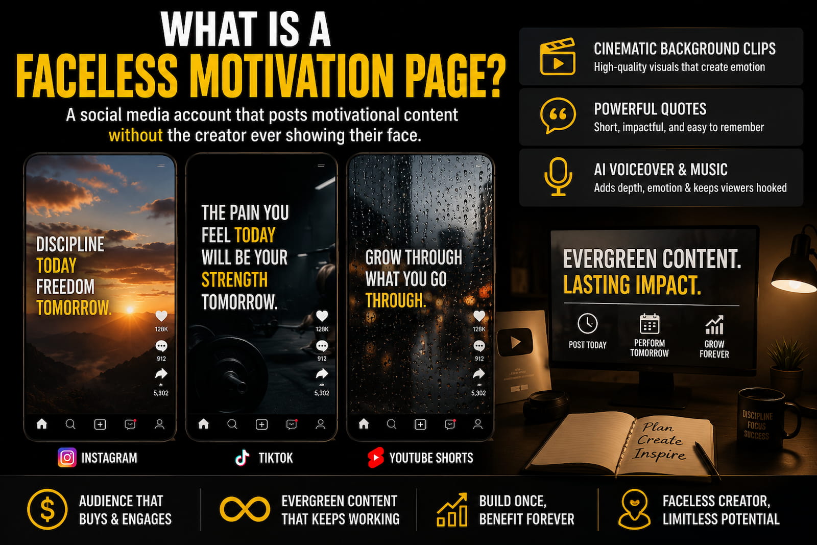 Example of a faceless motivation page using motivational quotes, cinematic footage, AI voiceovers, and short-form videos to grow an audience on social media.