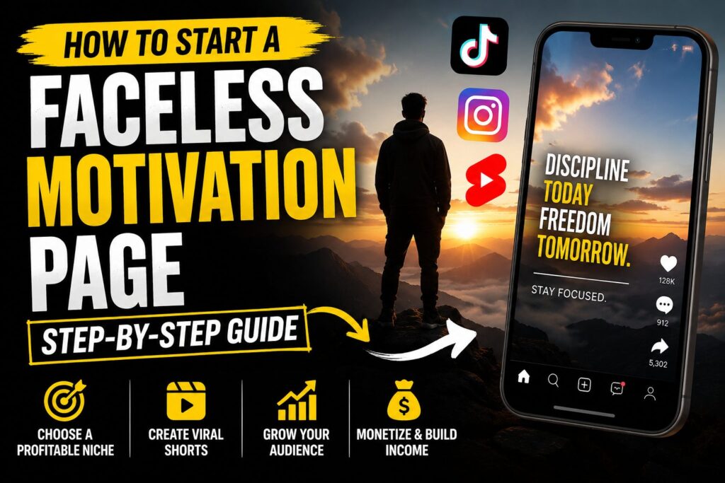 How to start a faceless motivation page on Instagram, TikTok, and YouTube Shorts with AI tools, motivational videos, audience growth, and monetization.
