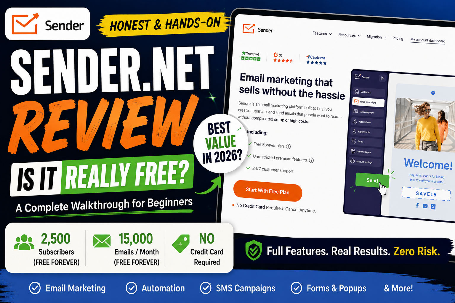 Sender.net review showing email marketing dashboard and free plan