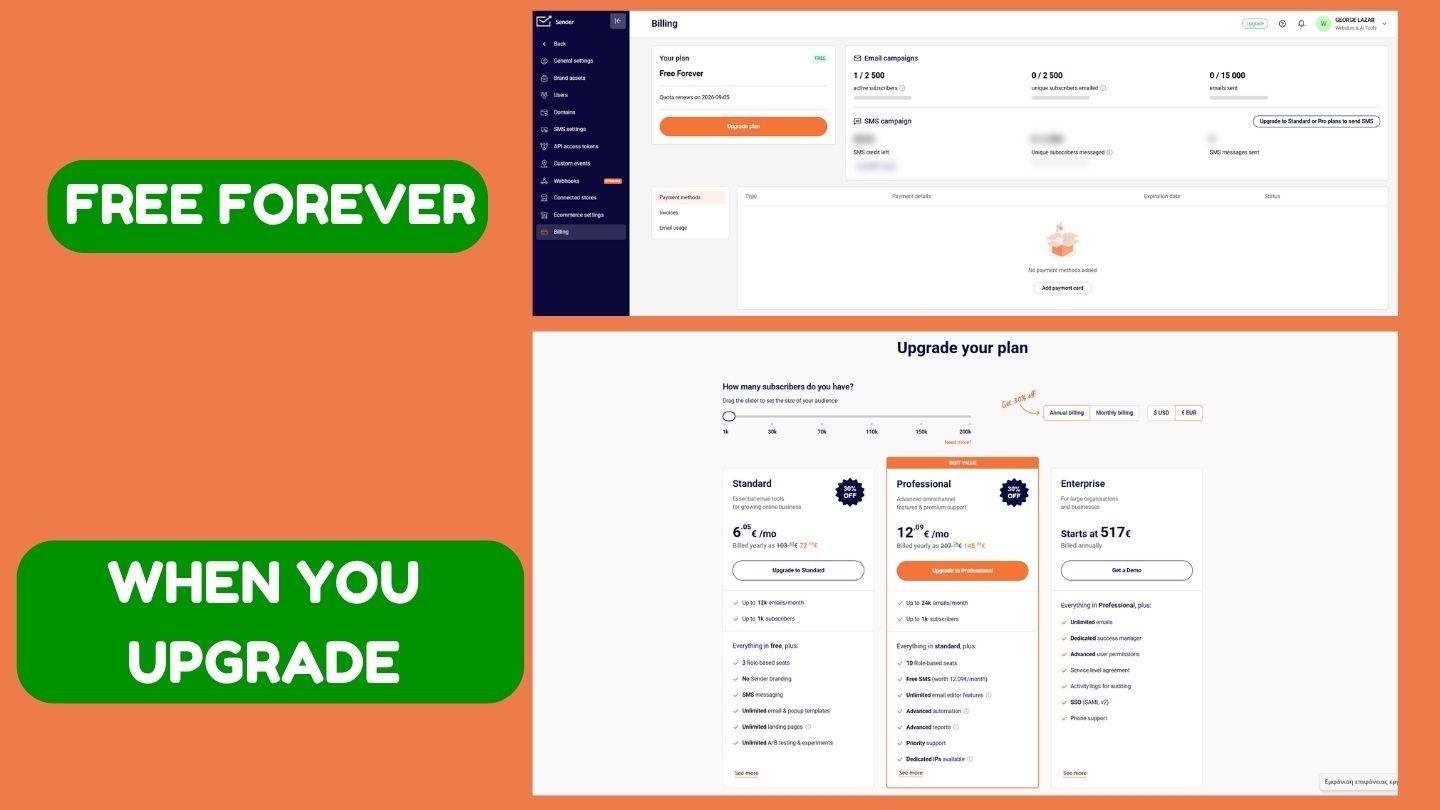 Sender.net Free Forever plan and paid plans comparison