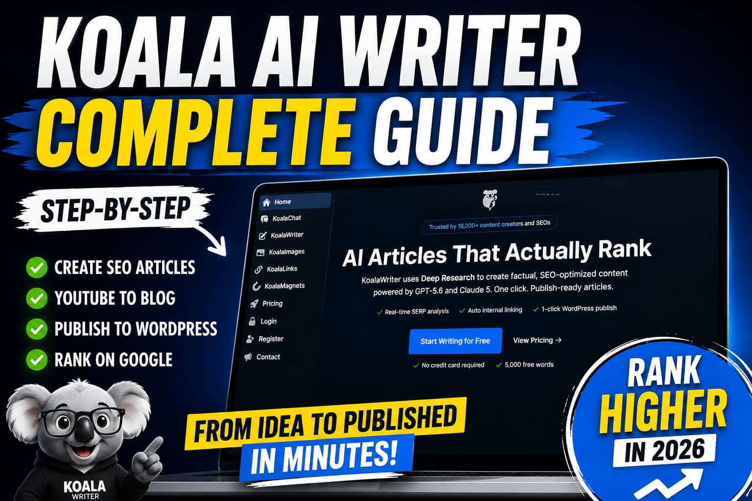 Koala AI Writer complete guide cover showing the KoalaWriter interface and SEO article creation workflow