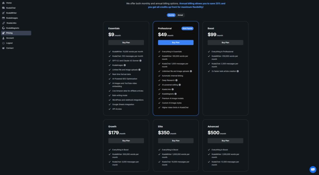 Koala AI Writer pricing plans showing Essentials, Professional, Boost, Growth, Elite, and Advanced tiers