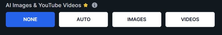 KoalaWriter AI Images and YouTube Videos settings with None, Auto, Images, and Videos options