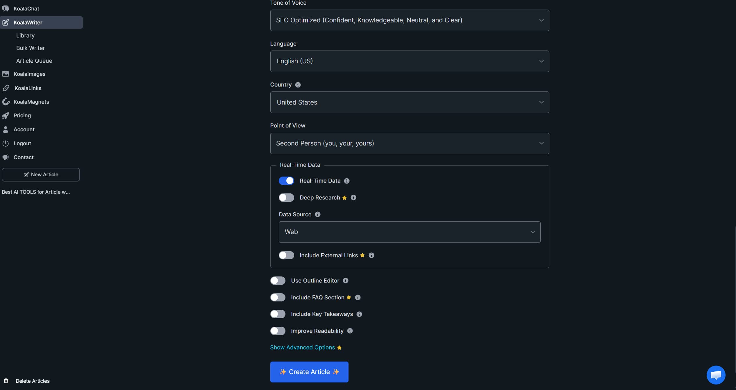 KoalaWriter Advanced Settings and Create Article