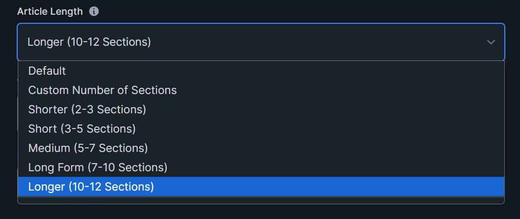 KoalaWriter Article Length dropdown showing options from shorter to longer articles