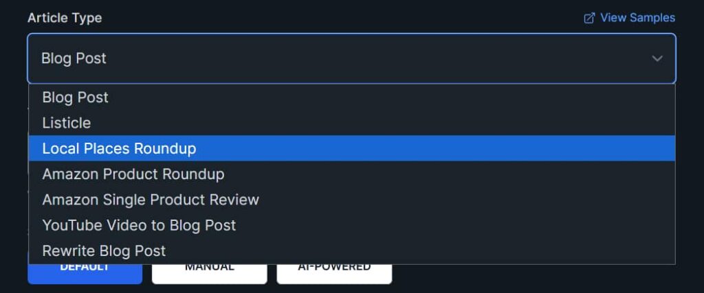 KoalaWriter Article Type dropdown showing Blog Post, Listicle, Amazon reviews, YouTube Video to Blog Post, and other formats