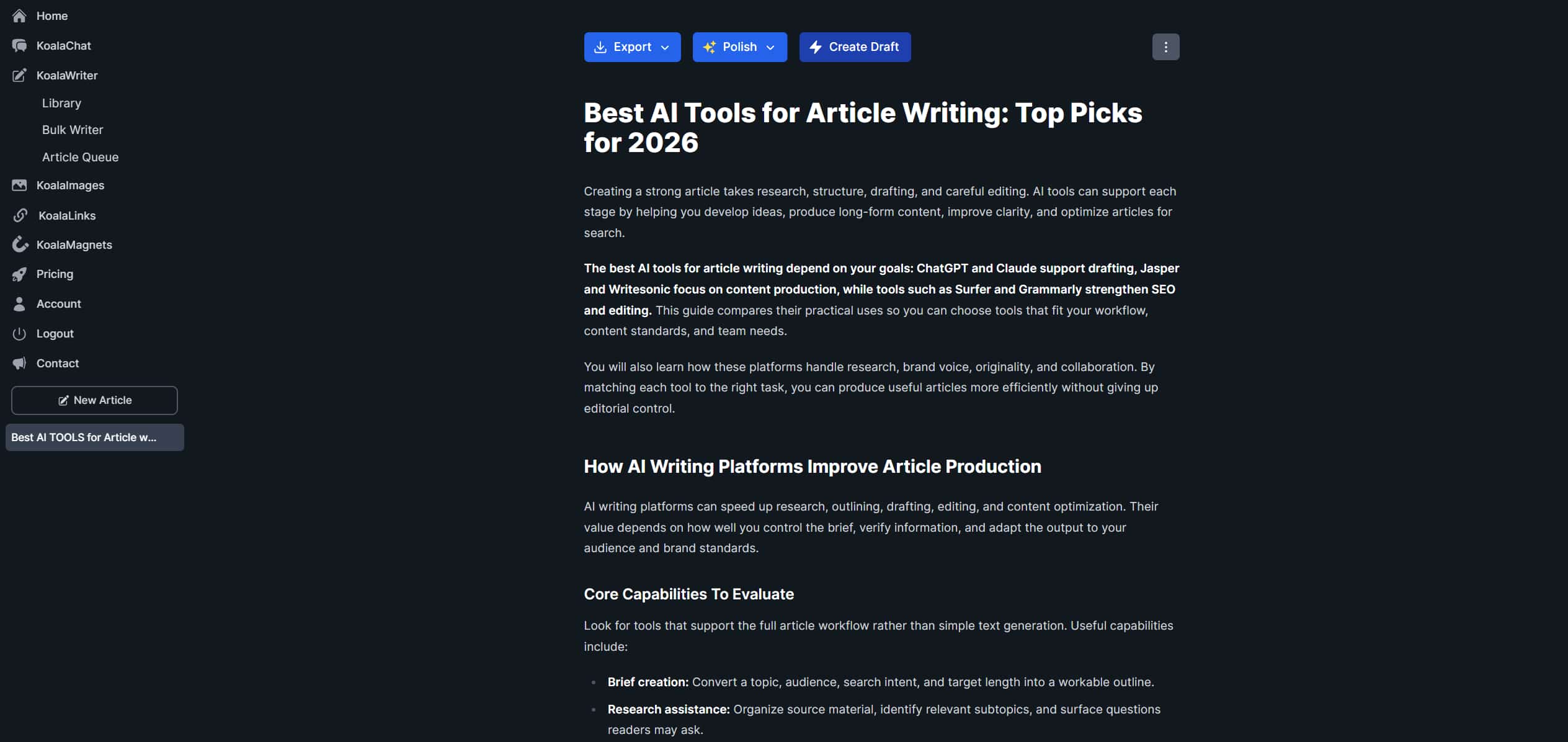 KoalaWriter editor showing a generated AI article with Export, Polish, and Create Draft options