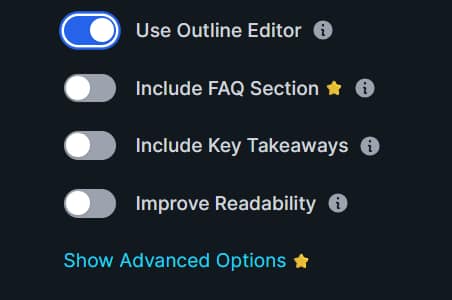 KoalaWriter Outline Editor setting with FAQ, Key Takeaways, and readability options