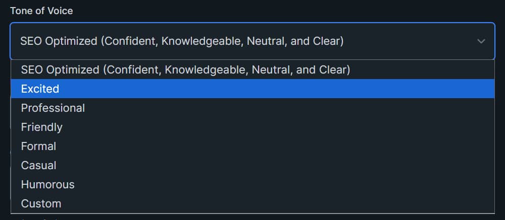 KoalaWriter Tone of Voice dropdown showing SEO Optimized, Excited, Professional, Friendly, Formal, Casual, Humorous, and Custom