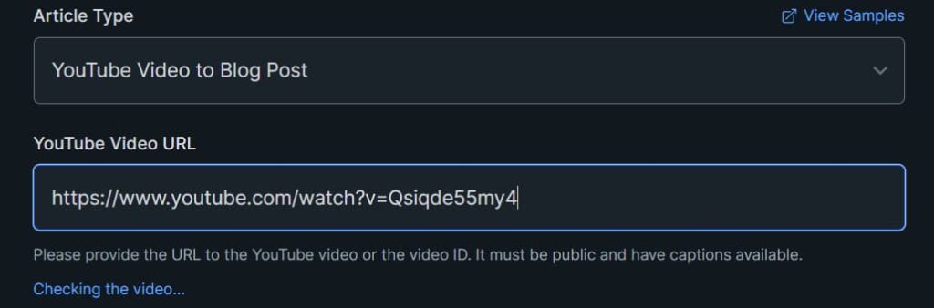 KoalaWriter YouTube Video to Blog Post setup with YouTube video URL field
