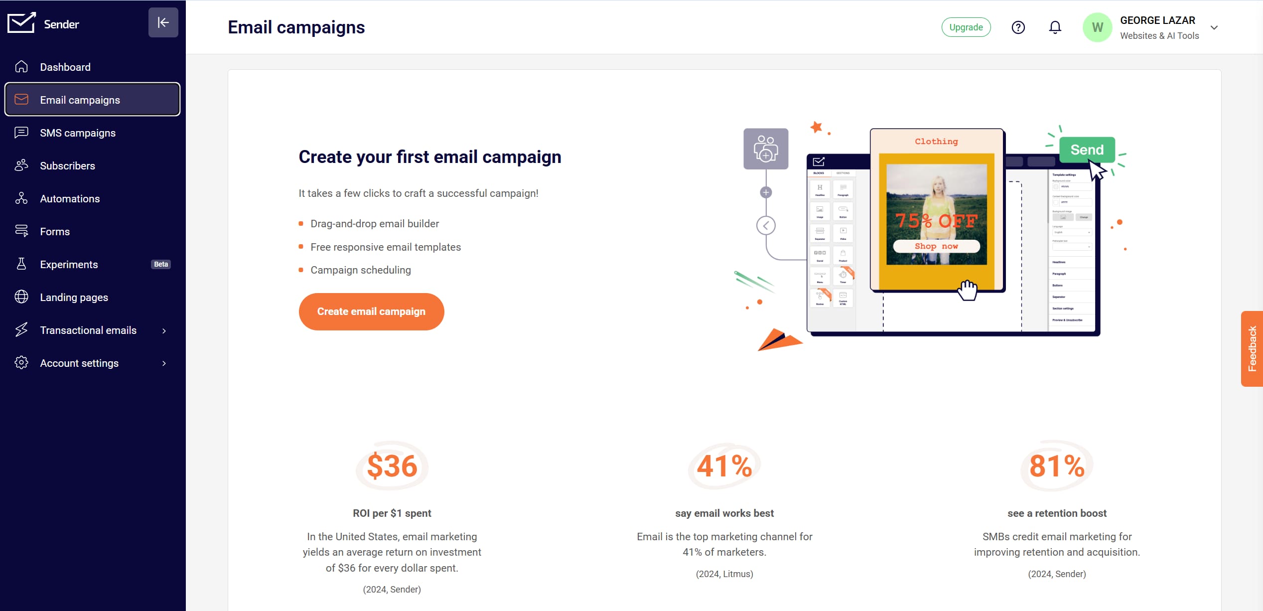 Sender.net email campaigns dashboard with drag-and-drop email builder and templates