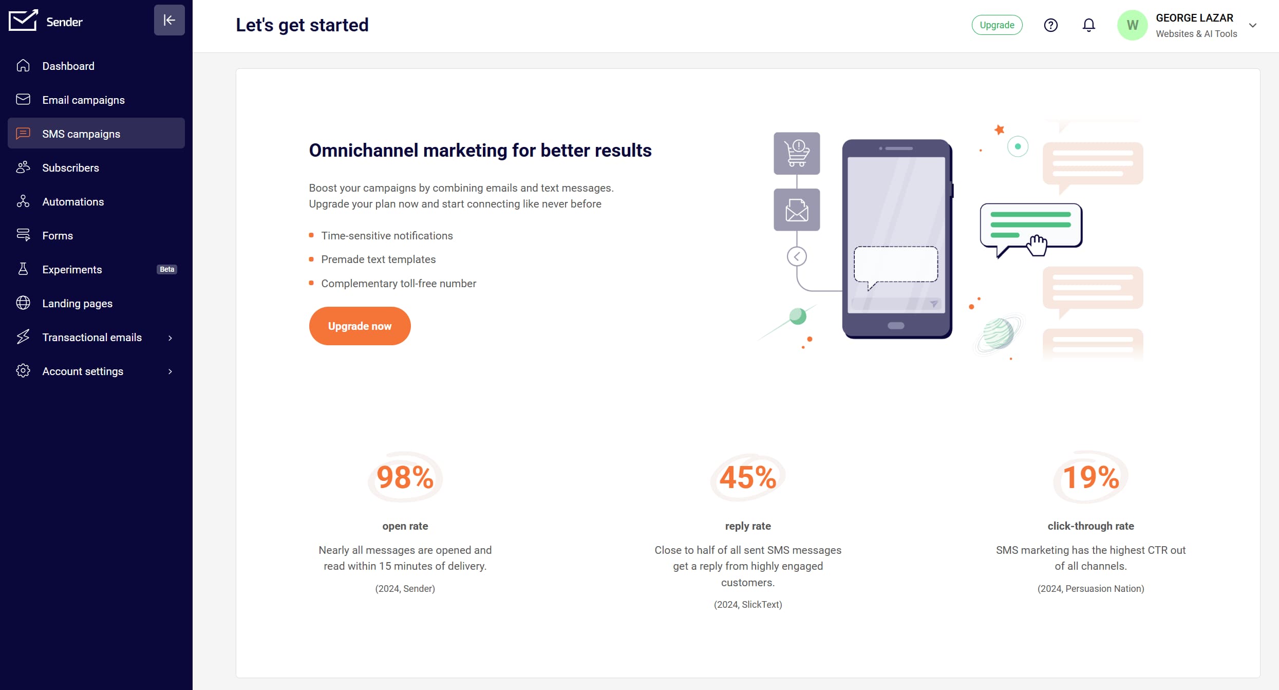 Sender.net SMS campaigns dashboard showing omnichannel marketing and SMS performance