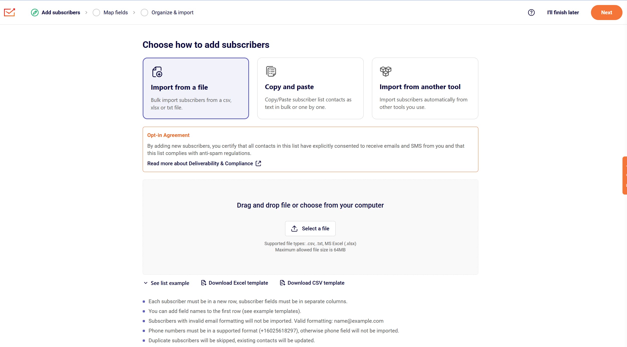 Sender.net add subscribers screen with file import, copy and paste, and contact migration options