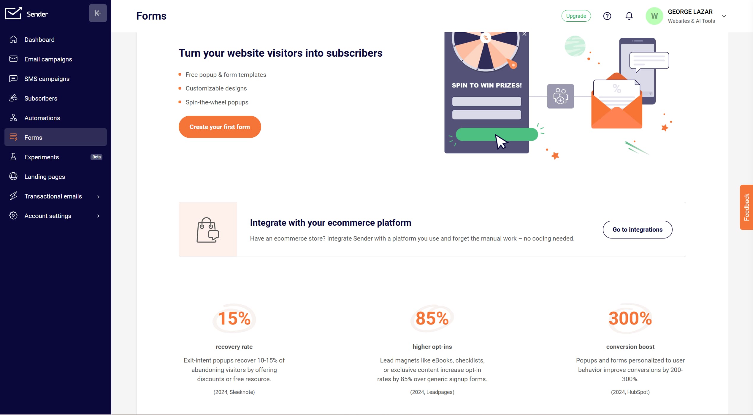 Sender.net forms and popups dashboard with signup forms and spin-to-win popups