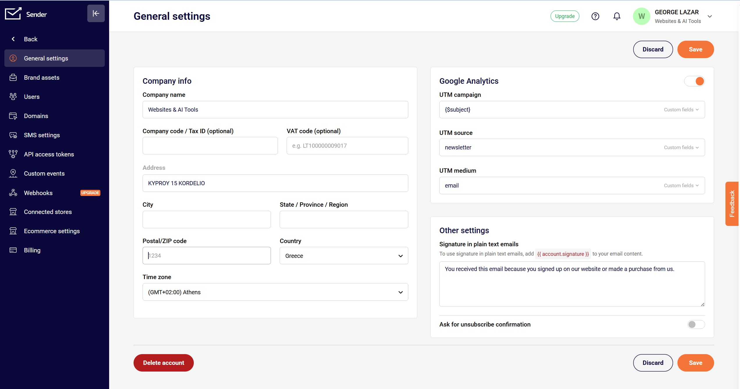 Sender.net account settings with company information, Google Analytics, UTM tracking, and email signature