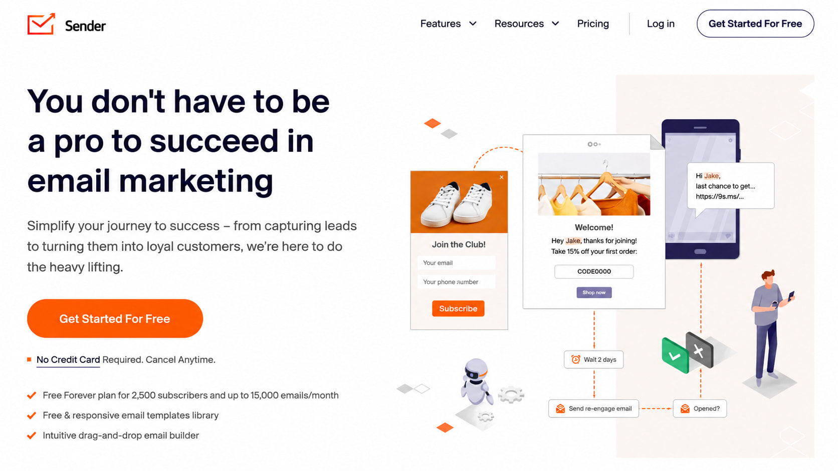 Sender.net free email marketing plan with 2,500 subscribers and 15,000 emails per month