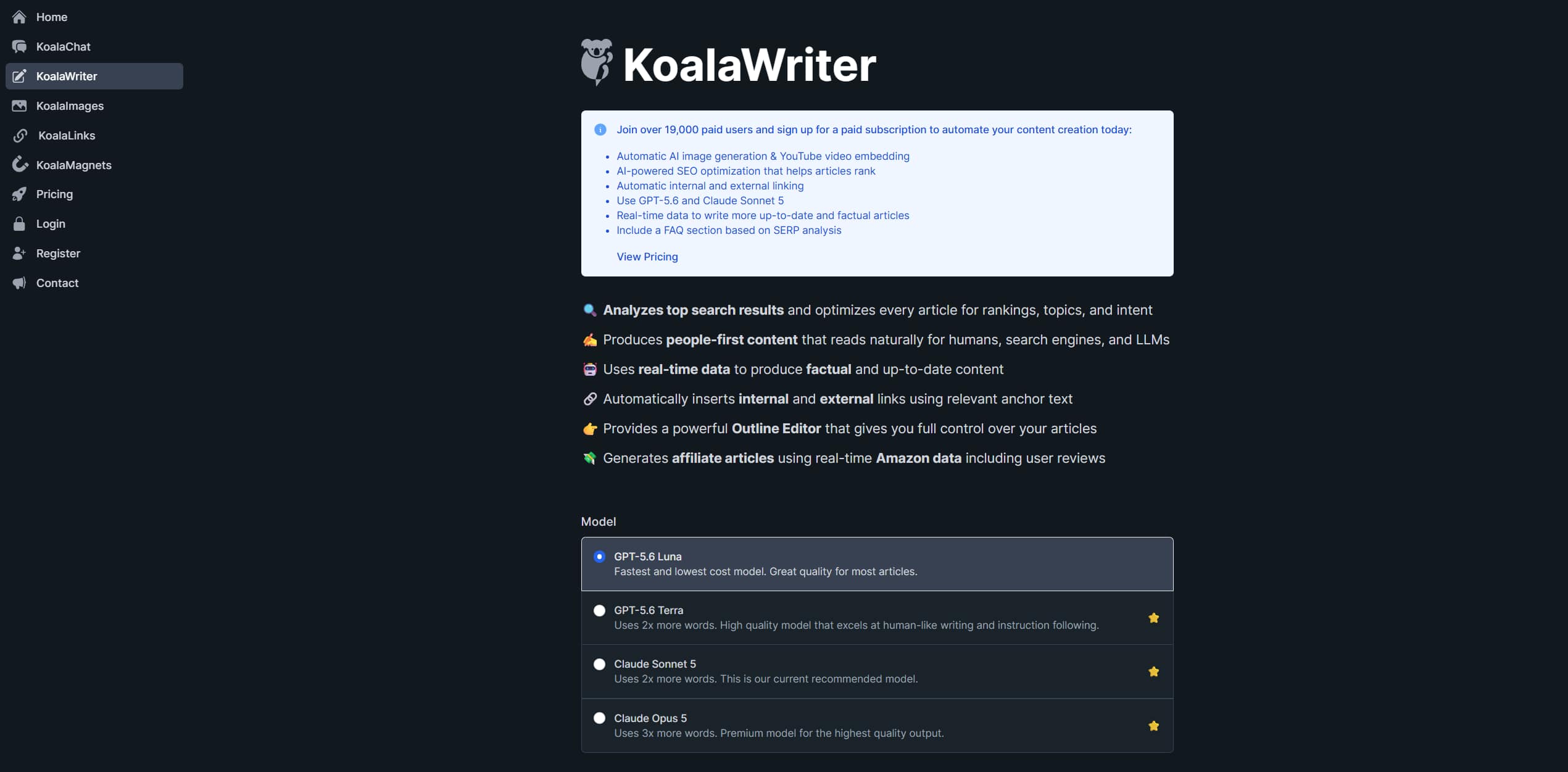 KoalaWriter AI article setup screen with AI model, SEO optimization, internal linking, images, videos, article length, and tone settings