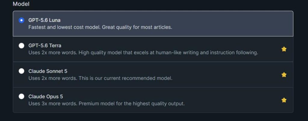 KoalaWriter AI model selector showing GPT-5.6 Luna, GPT-5.6 Terra, Claude Sonnet 5, and Claude Opus 5 with word credit multipliers
