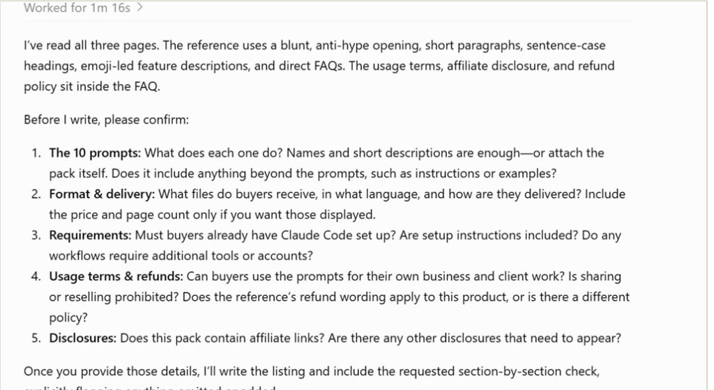 GPT-6 Astra asks five clarifying questions about a product listing before drafting it.