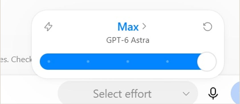 ChatGPT Work&rsquo;s Select effort control showing Max, with GPT-6 Astra fixed underneath.