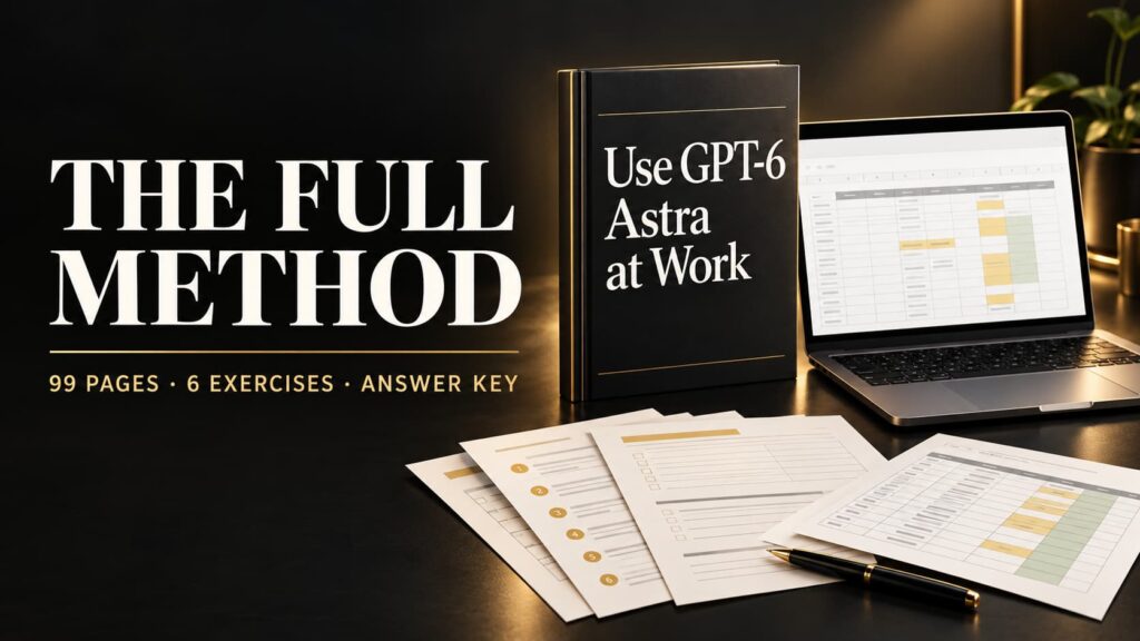Black-and-gold GPT-6 Astra guide beside a laptop showing a spreadsheet and six workbook exercises.