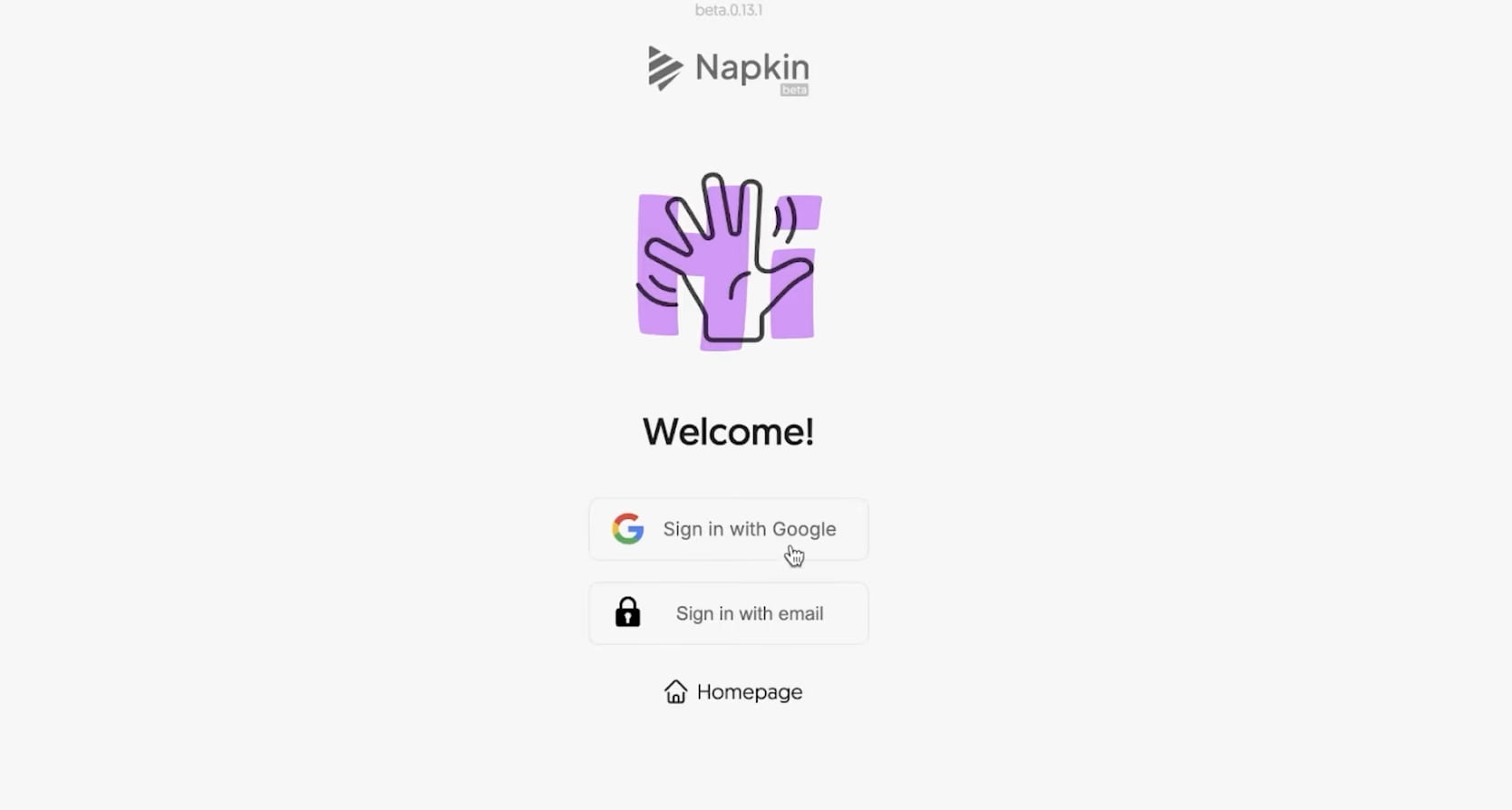 Napkin AI sign-in screen with Google and email options