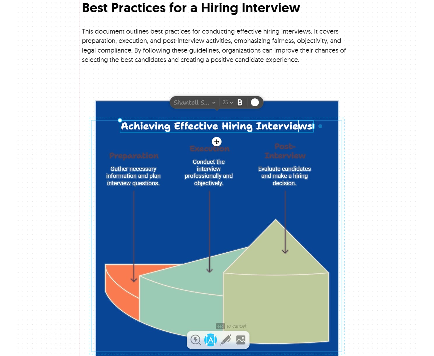 Selected title text in a Napkin hiring-interview visual with its formatting toolbar