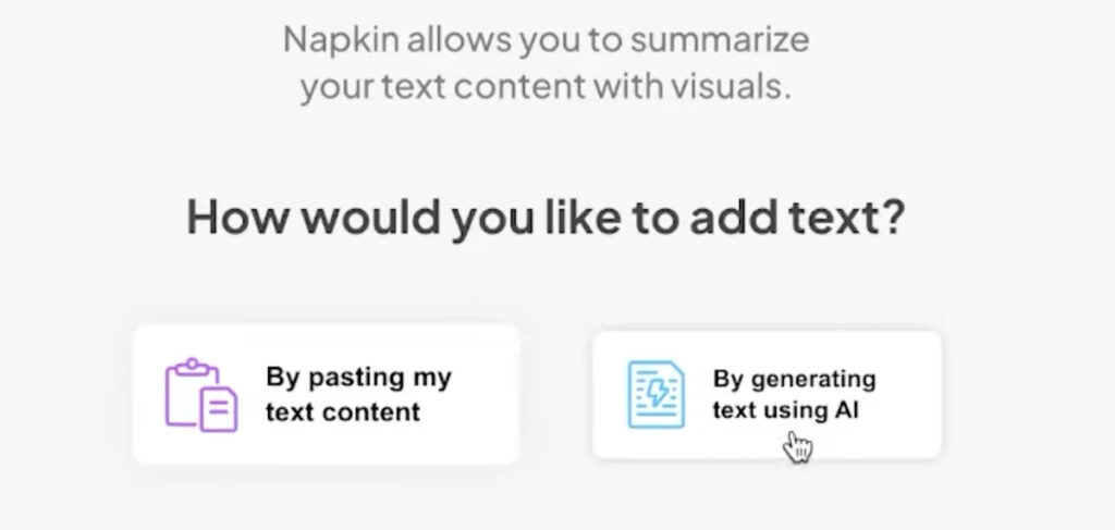 Napkin AI onboarding options for pasting text or generating text with AI