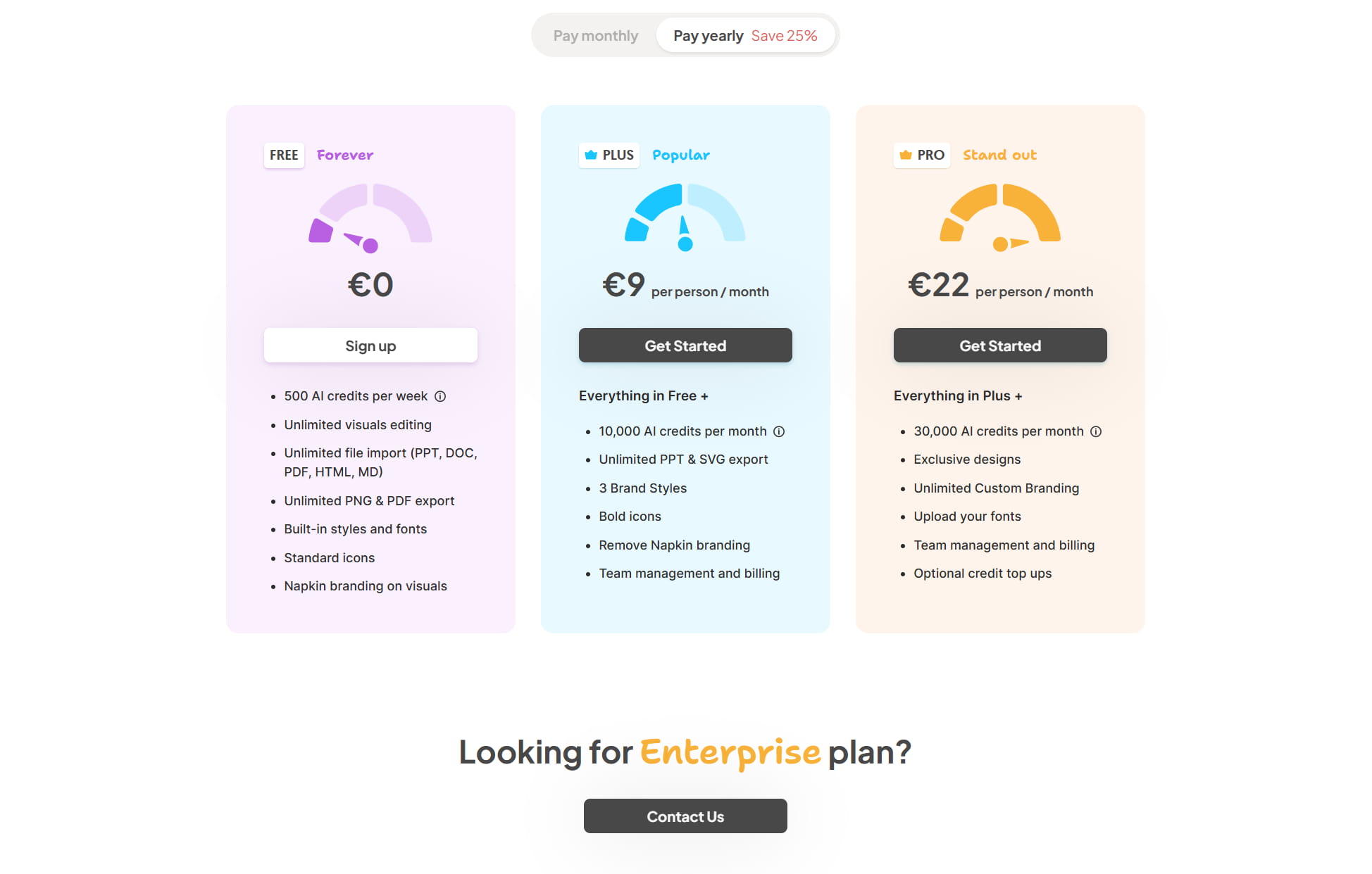 Napkin AI pricing plans with yearly billing selected: Free €0, Plus €9, and Pro €22 per person per month